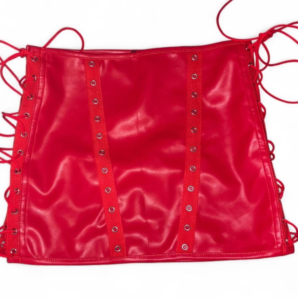Red faux leather lace up micro mini skirt